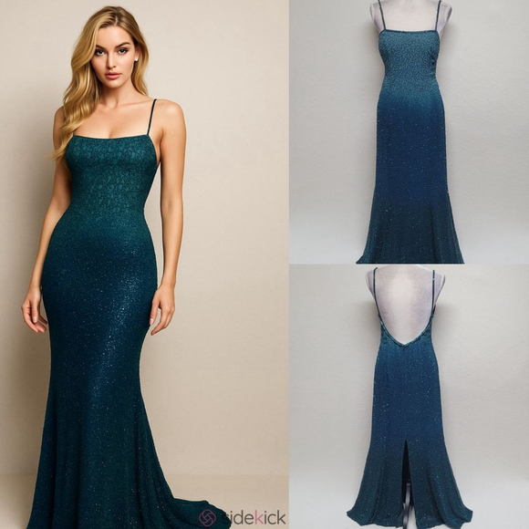 Laurence Kazar Dresses & Skirts - Laurence Kazar 90s Vintage Teal Ombre Beaded Silk Backless Maxi Formal Dress 8